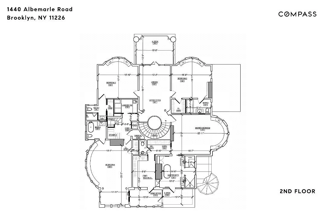 second floor with four bedrooms and a library