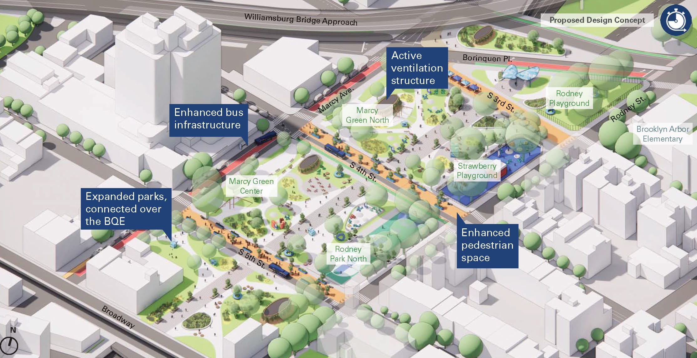 rendering showing new proposed features in williamsburg including expanded parks