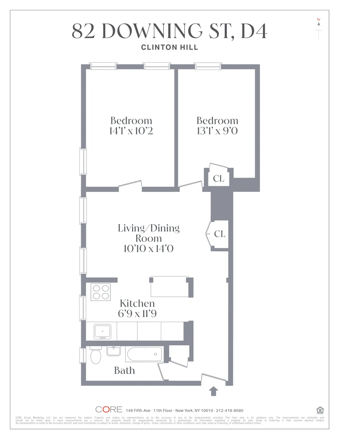 floorplan showing bathroom near entry and two bedrooms at the other end of the unit