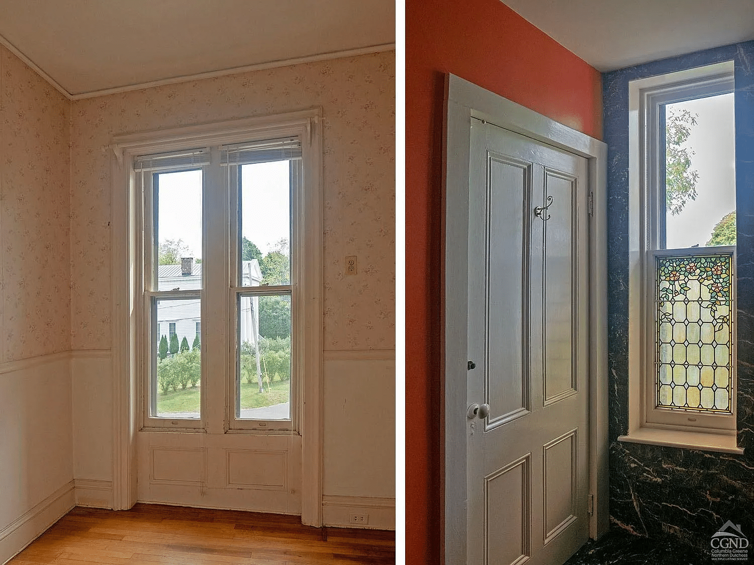 a collage with a window and moldings in a room and another view of a stained glass window