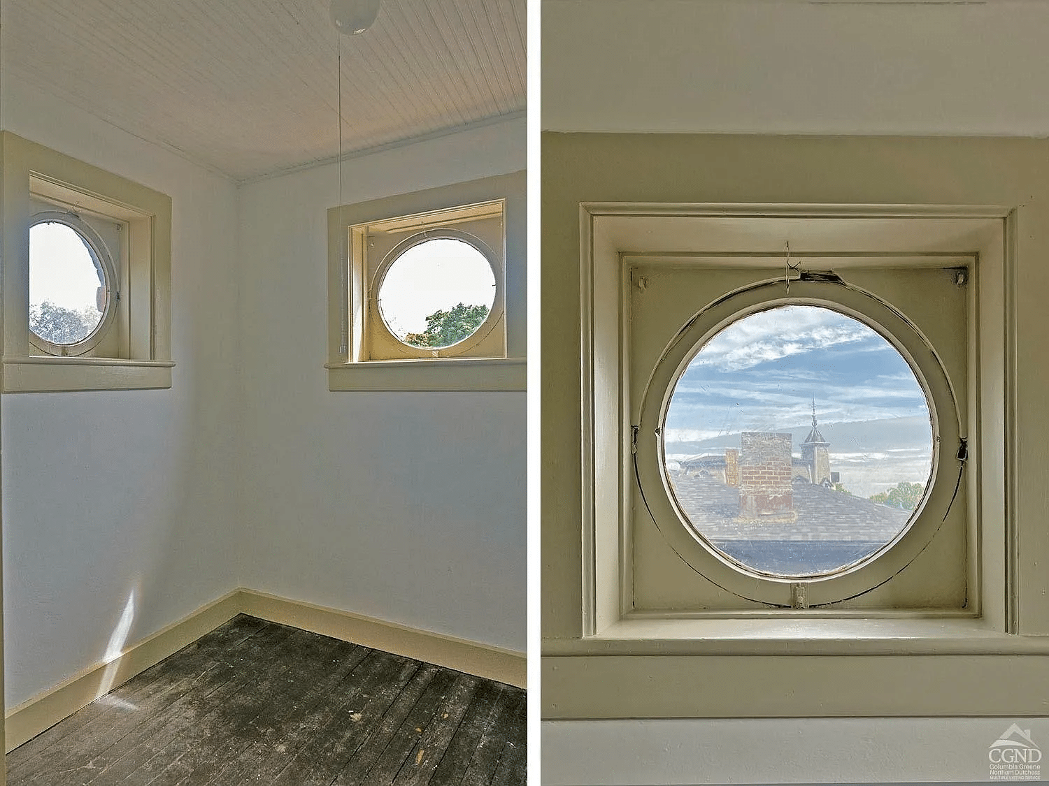 collage showing view from the bulls-eye windows in the tower