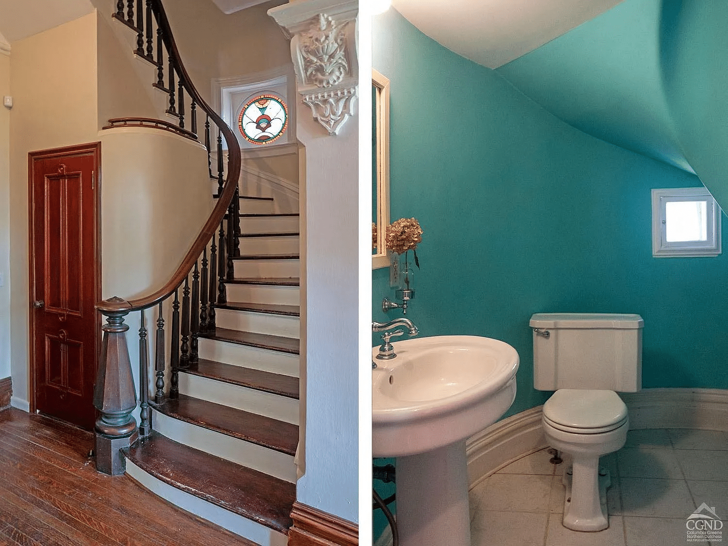 collage with original stair with newel post and a bathroom