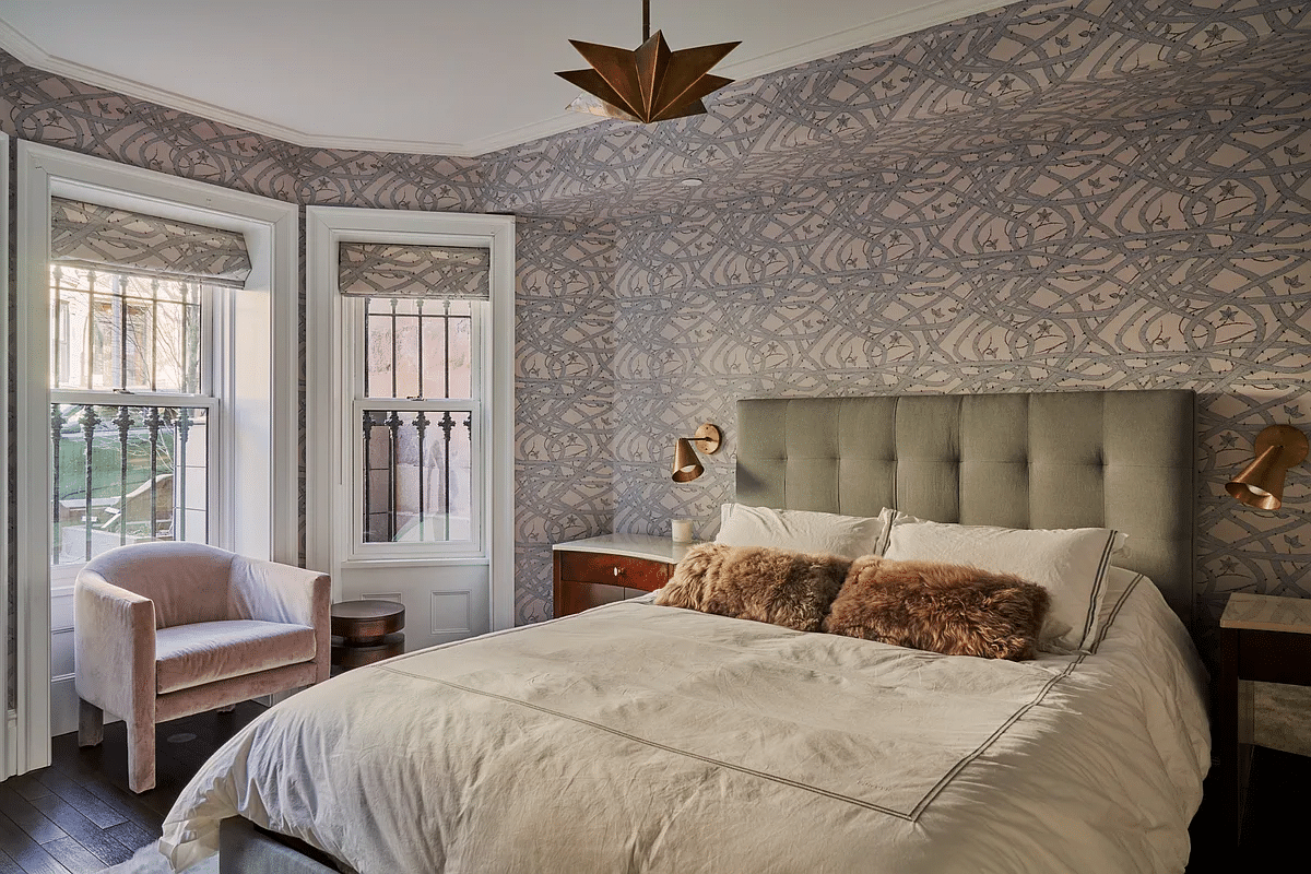 bedroom on garden level with gray viney wallpaper