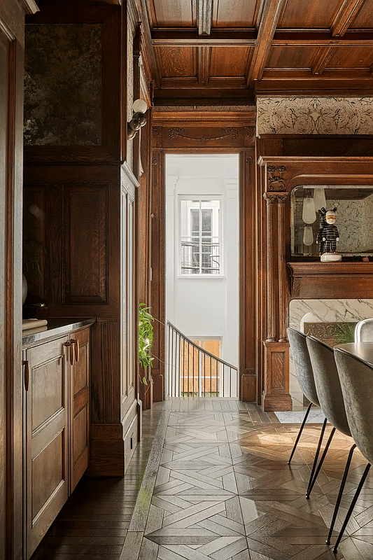 dining room with view to modern stair