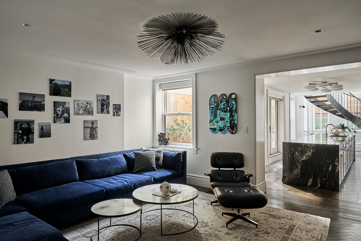 family room off the kitchen with view of kitchen island