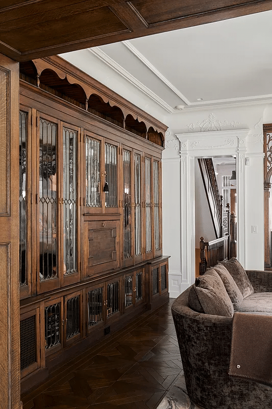 parlor with built-in china cabinets