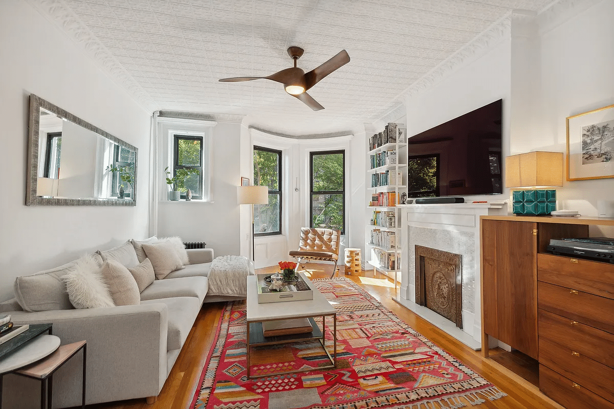 park slope - parlor with tin ceiling, mantel, wood floor