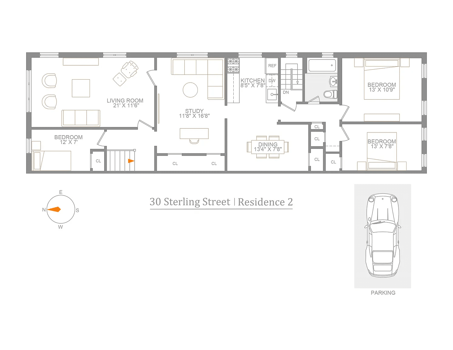 floorplan showing three bedrooms, living, dining, kitchen and a study