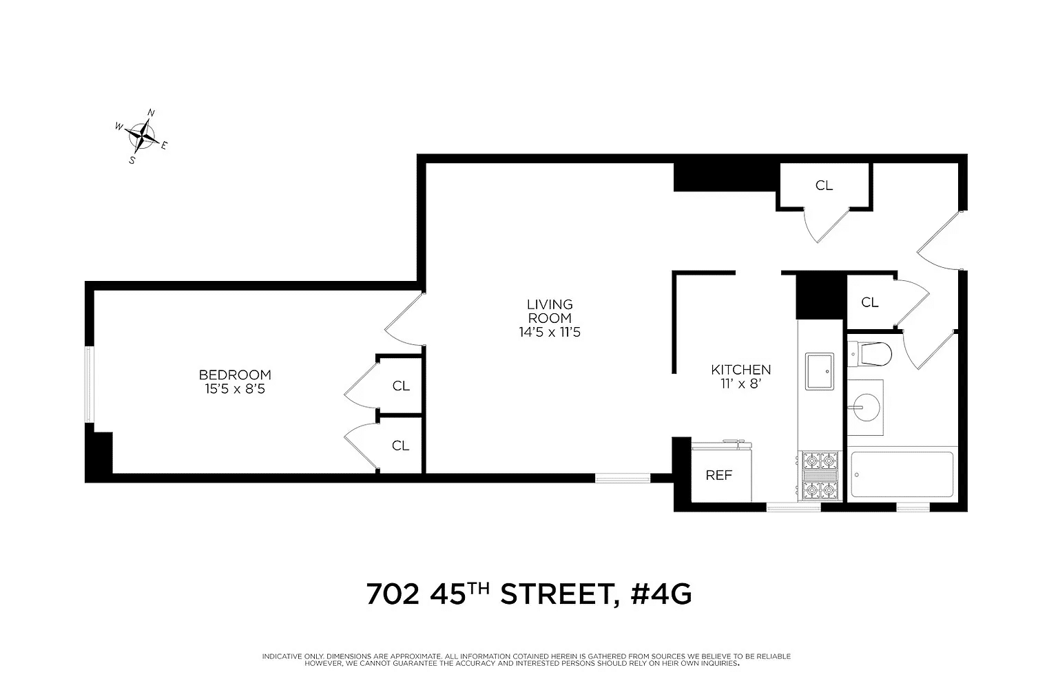 floorplan showing entry hall, four closets and a windowed kitchen and bath