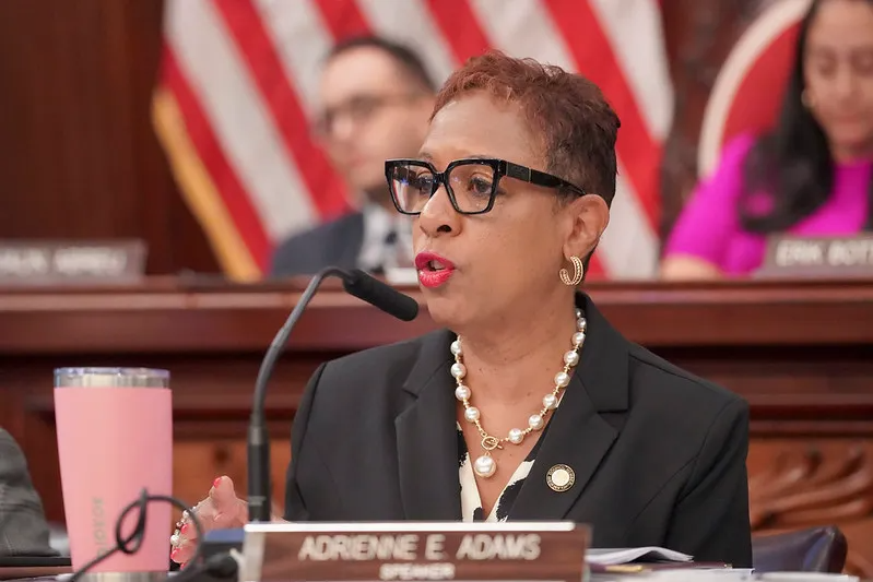 City Council Speaker Adrienne Adams at a microphone