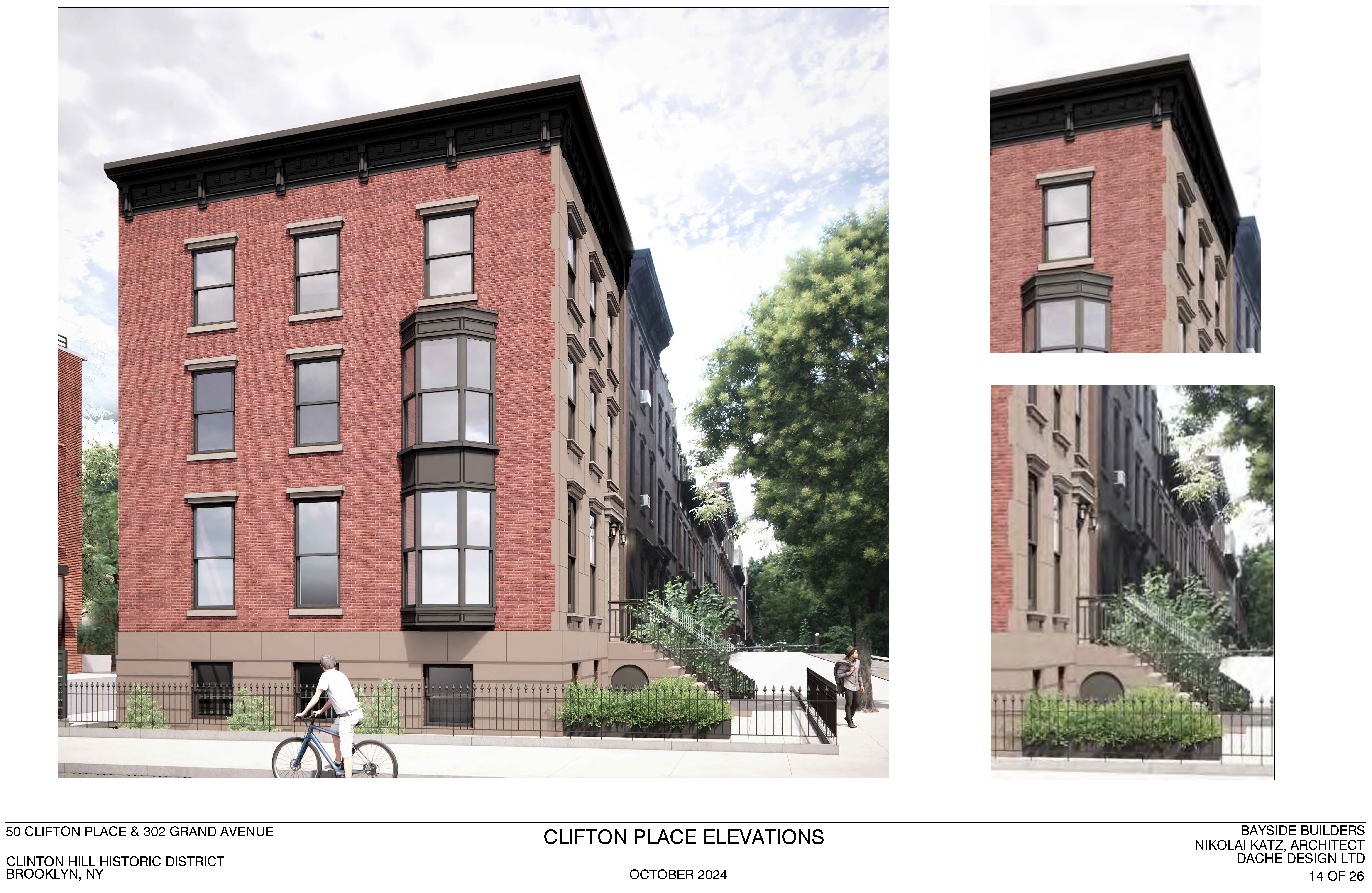 rendering showing brownstone facade facing clifton and brick facing grand avenue