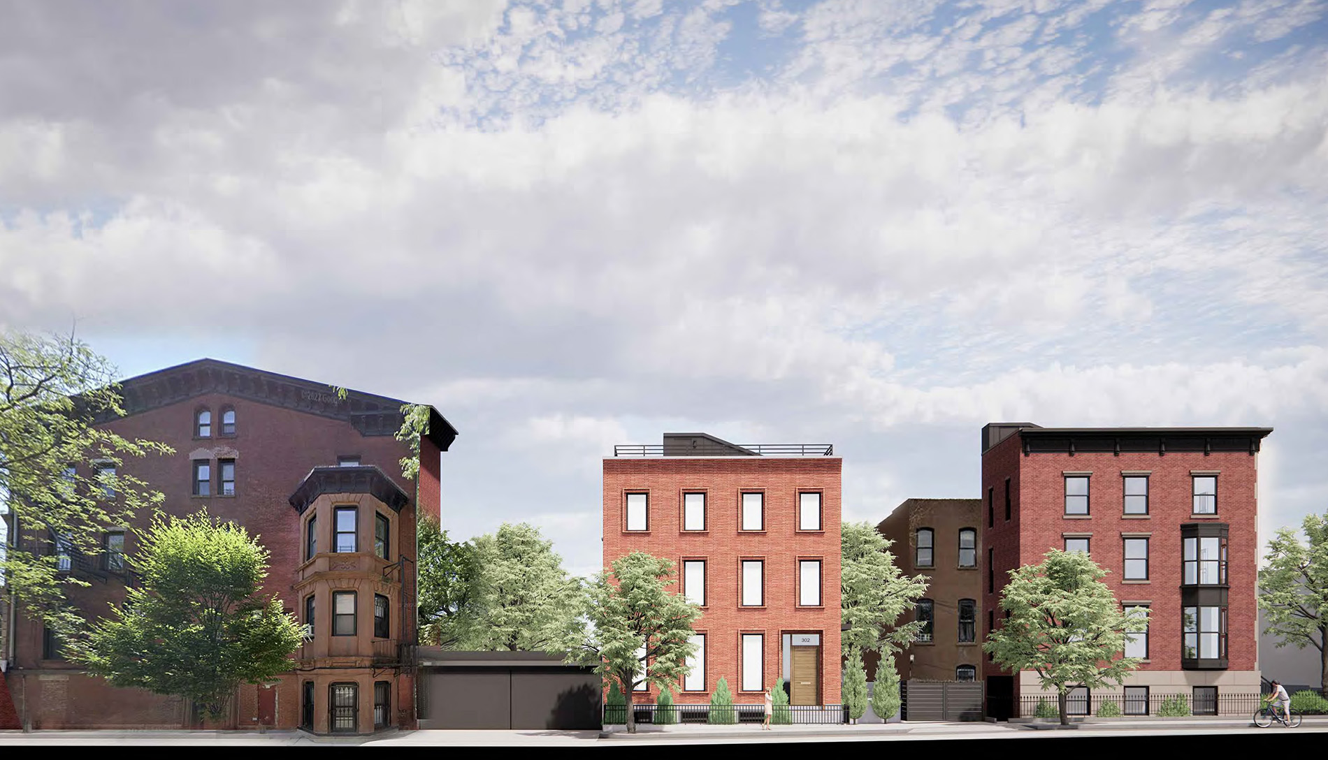 streetview showing two new buildings and surrounding neighborhood