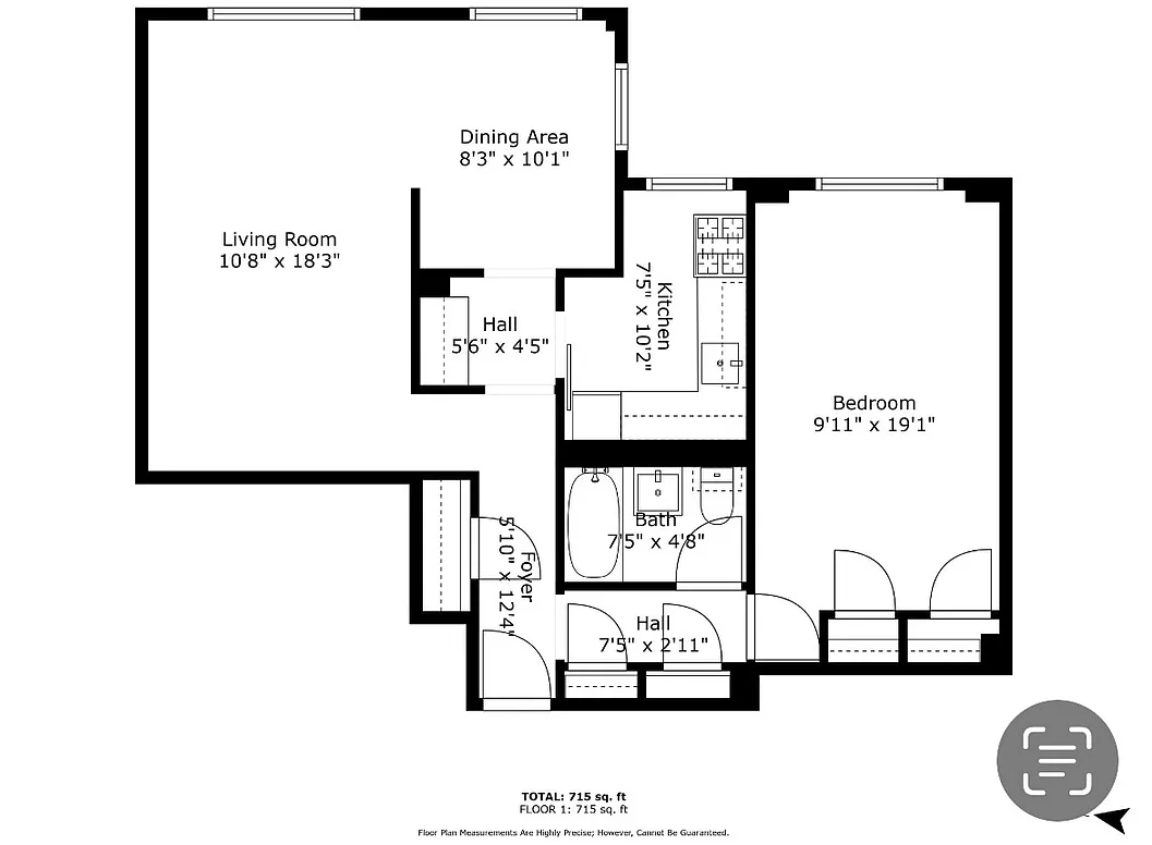 floorplan showing living room at one end and bedroom at the other end of the unit