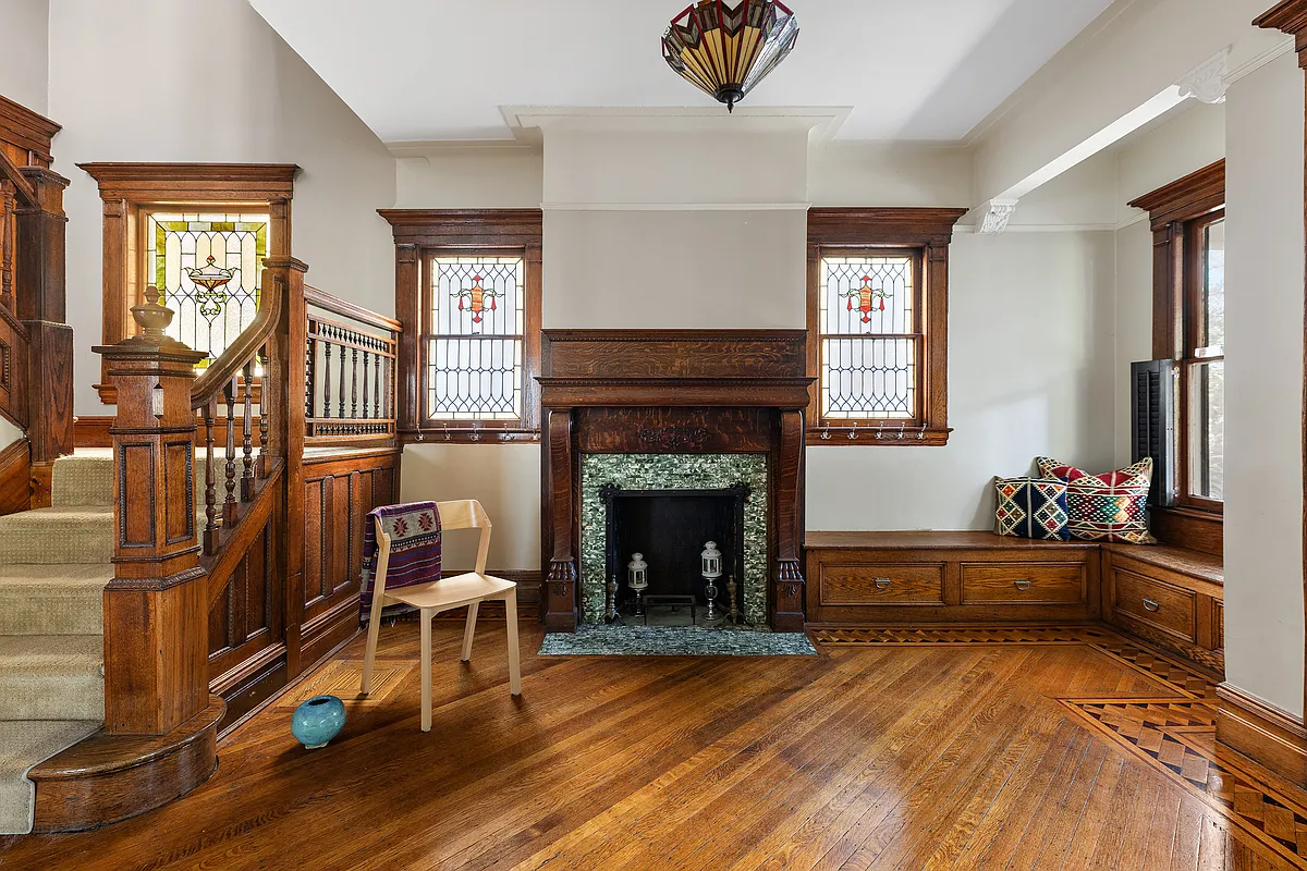 brooklyn open house - entry with mantel, stair, and stained glass