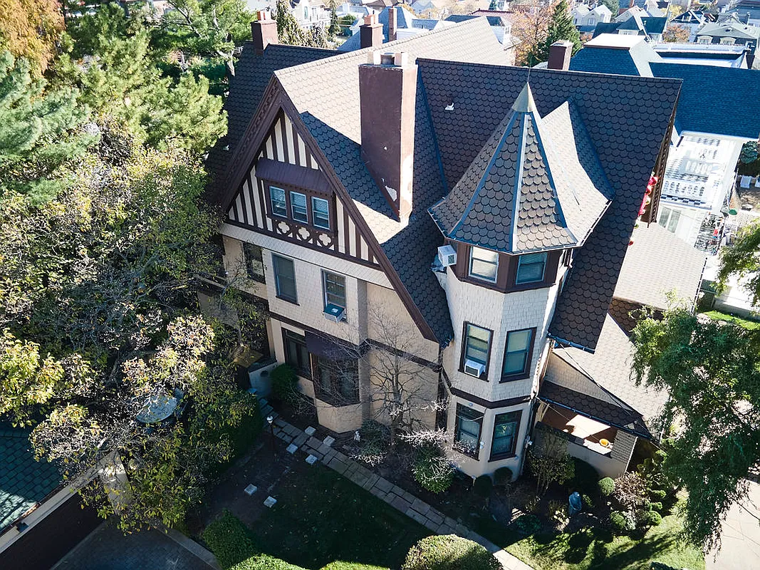 aerial view showing the house with tudor details