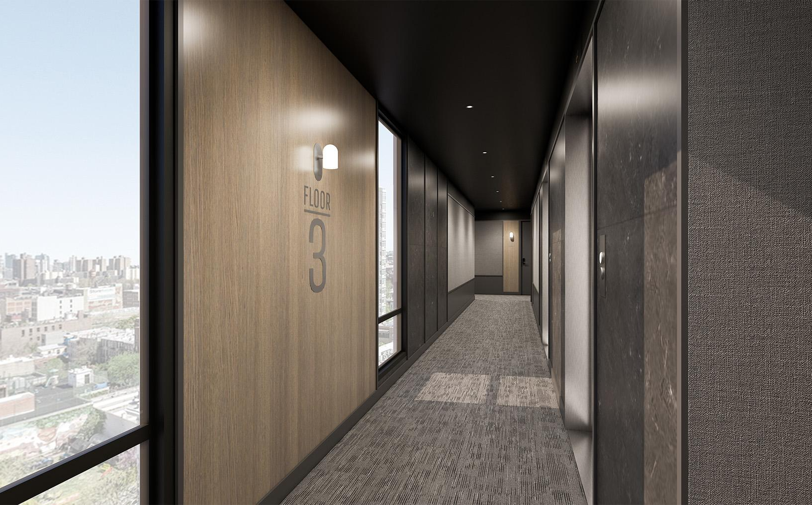 rendering of third floor hallway with carpet