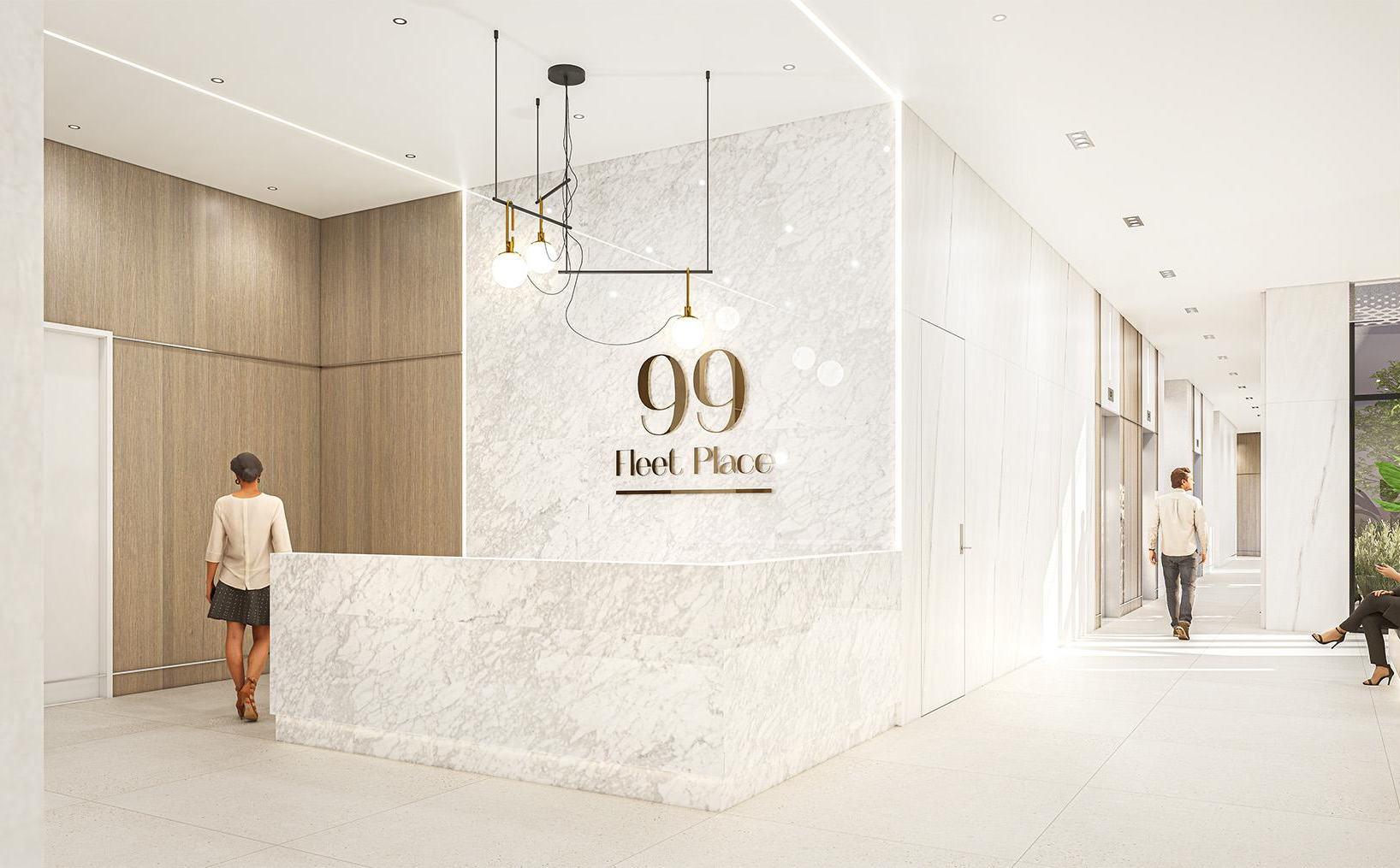 rendering of lobby with 99 fleet place on walls