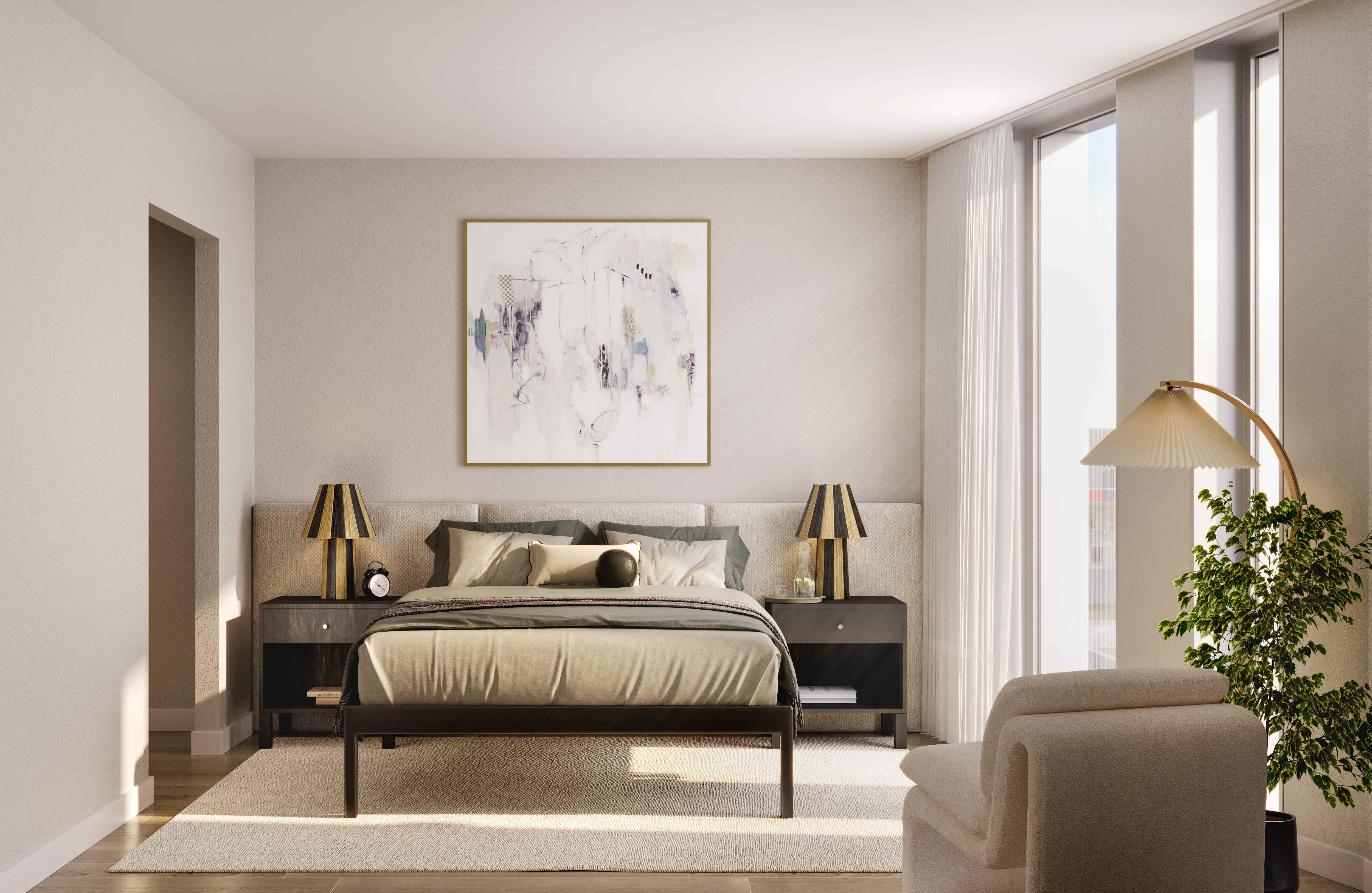 rendering of a bedroom with floor to ceiling windows