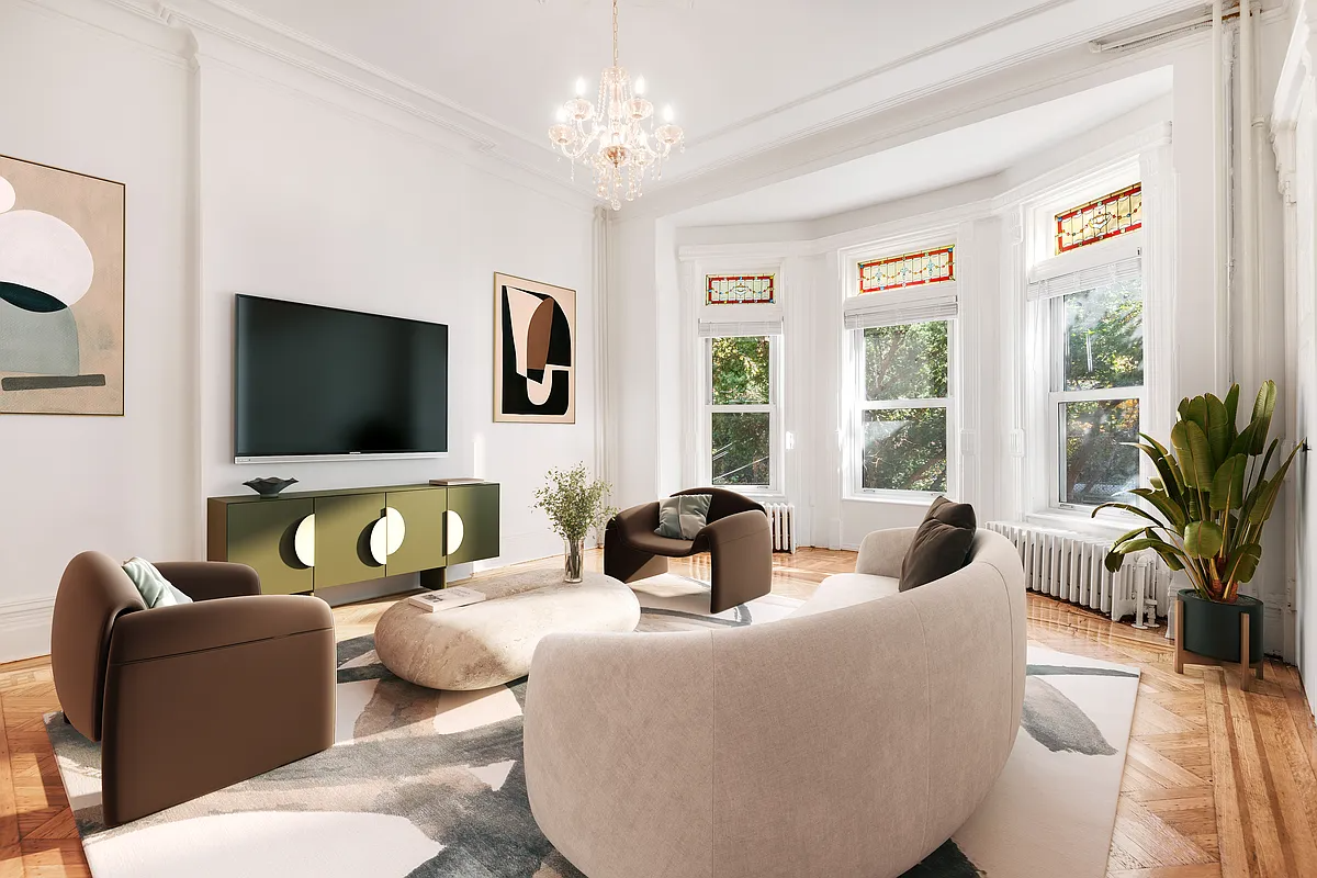 virtually staged parlor with wall mounted tv and a seating area