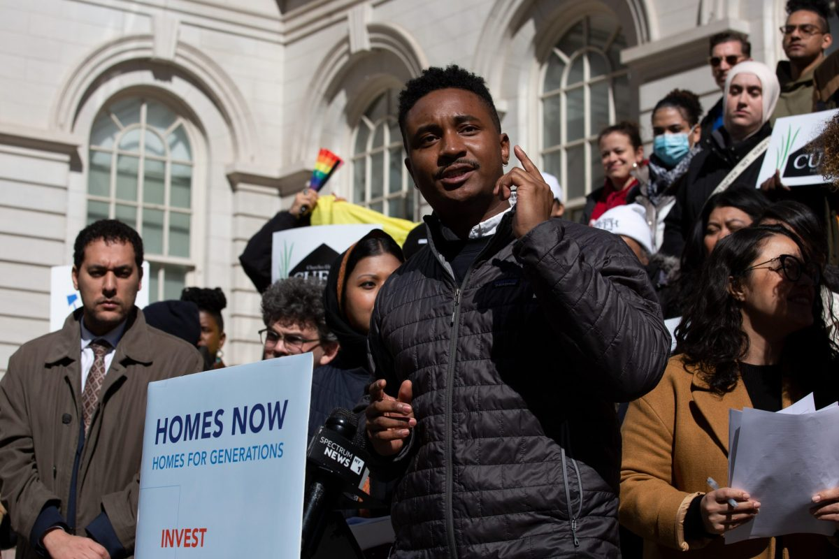 Councilmember Chi Ossé (D-Brookyn) speaks at a City Hall rally about investing $2 billion affordable housing, March 11, 2024