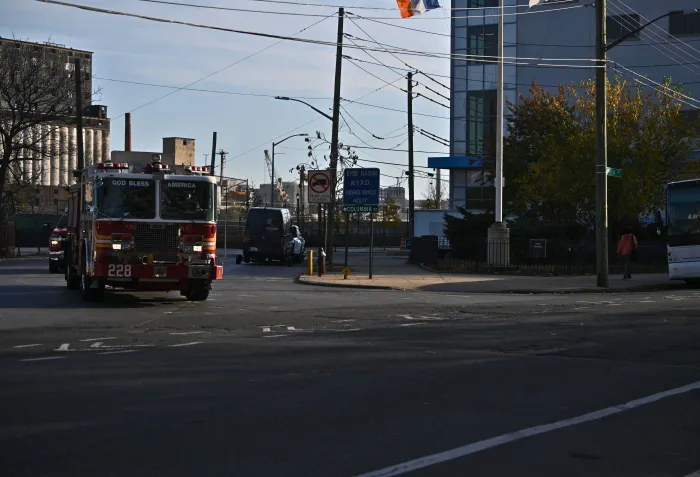 A fire truck exiting Columbia Street