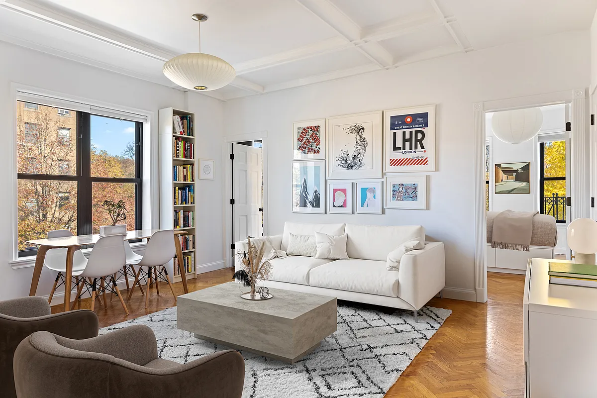 windsor terrace - living room with coffered ceiling, wood floor