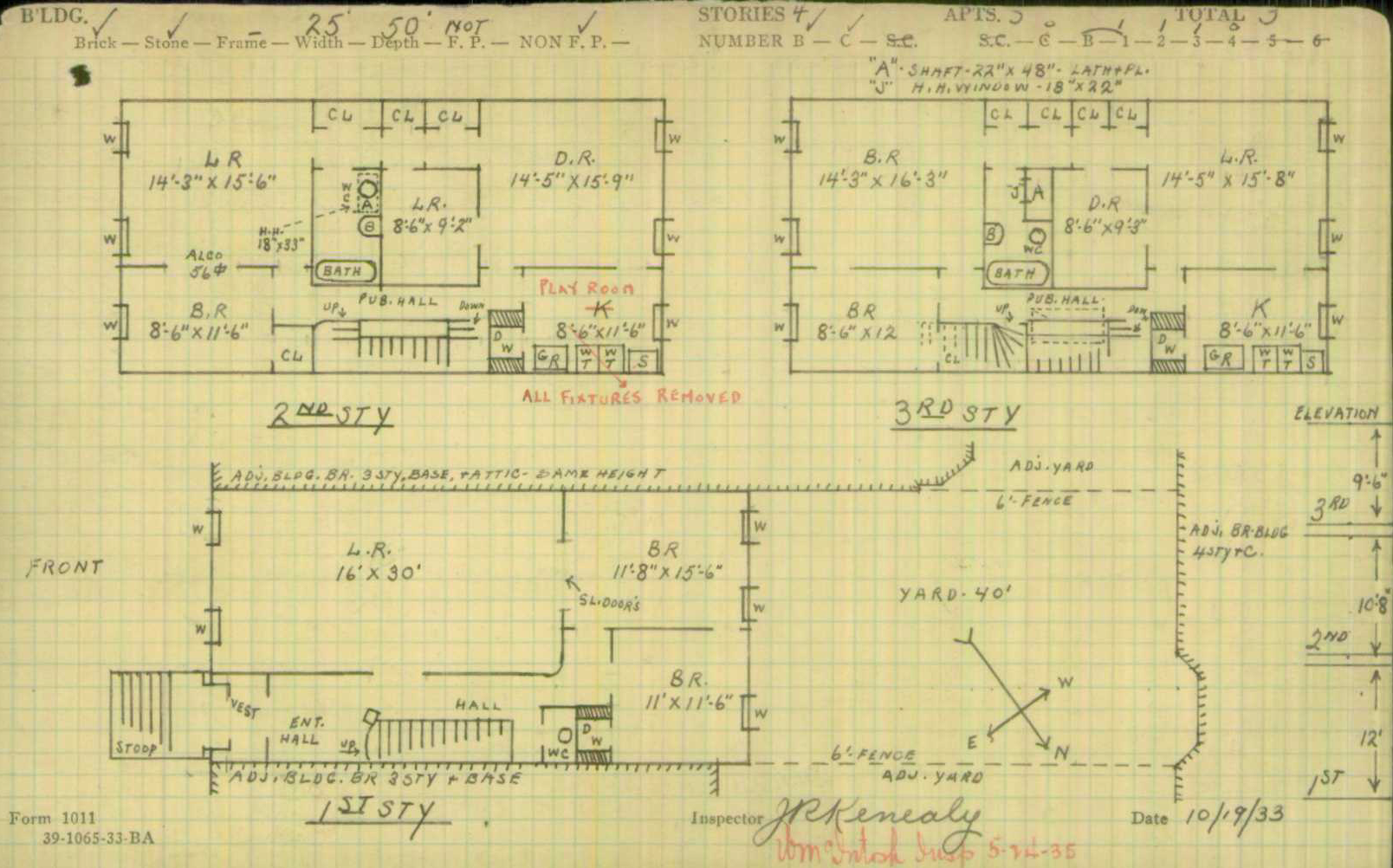 sketch of three floors showing one kitchen replaced with a playroom