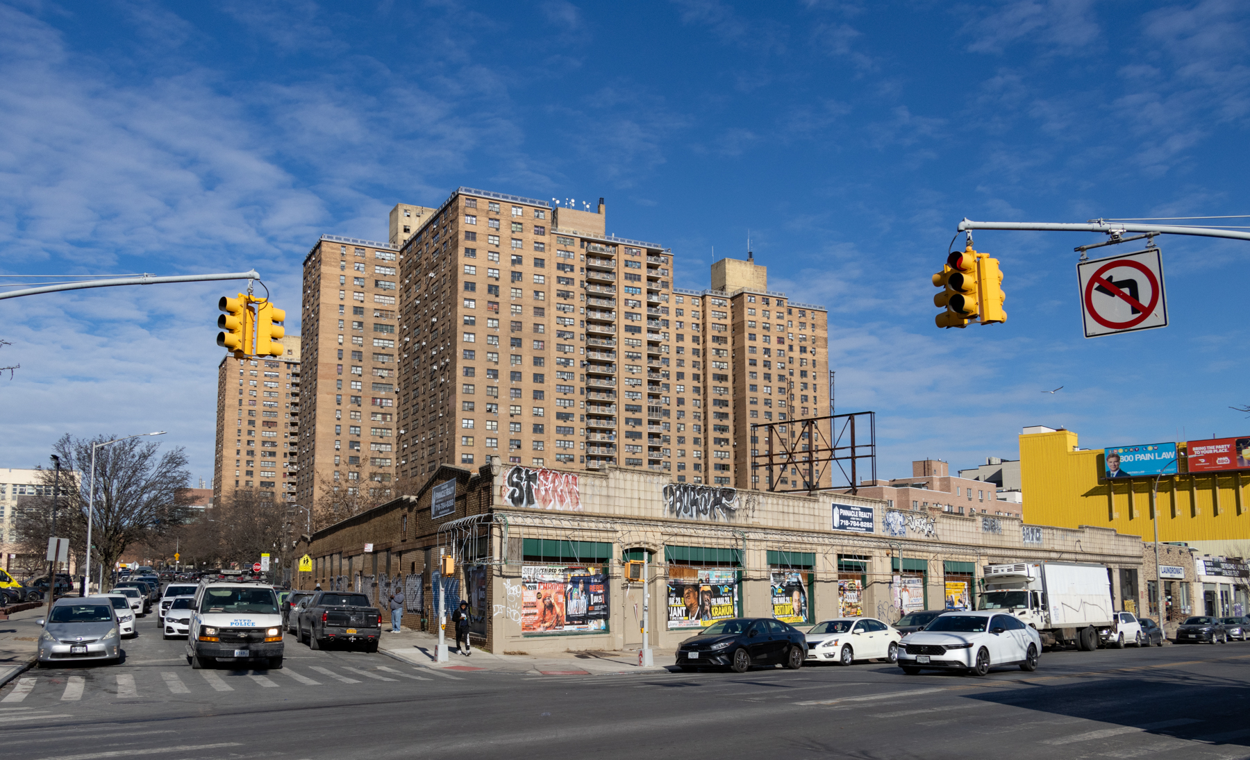 crown heights - view of one-story building at the corner of Empire Boulevard and McKeever