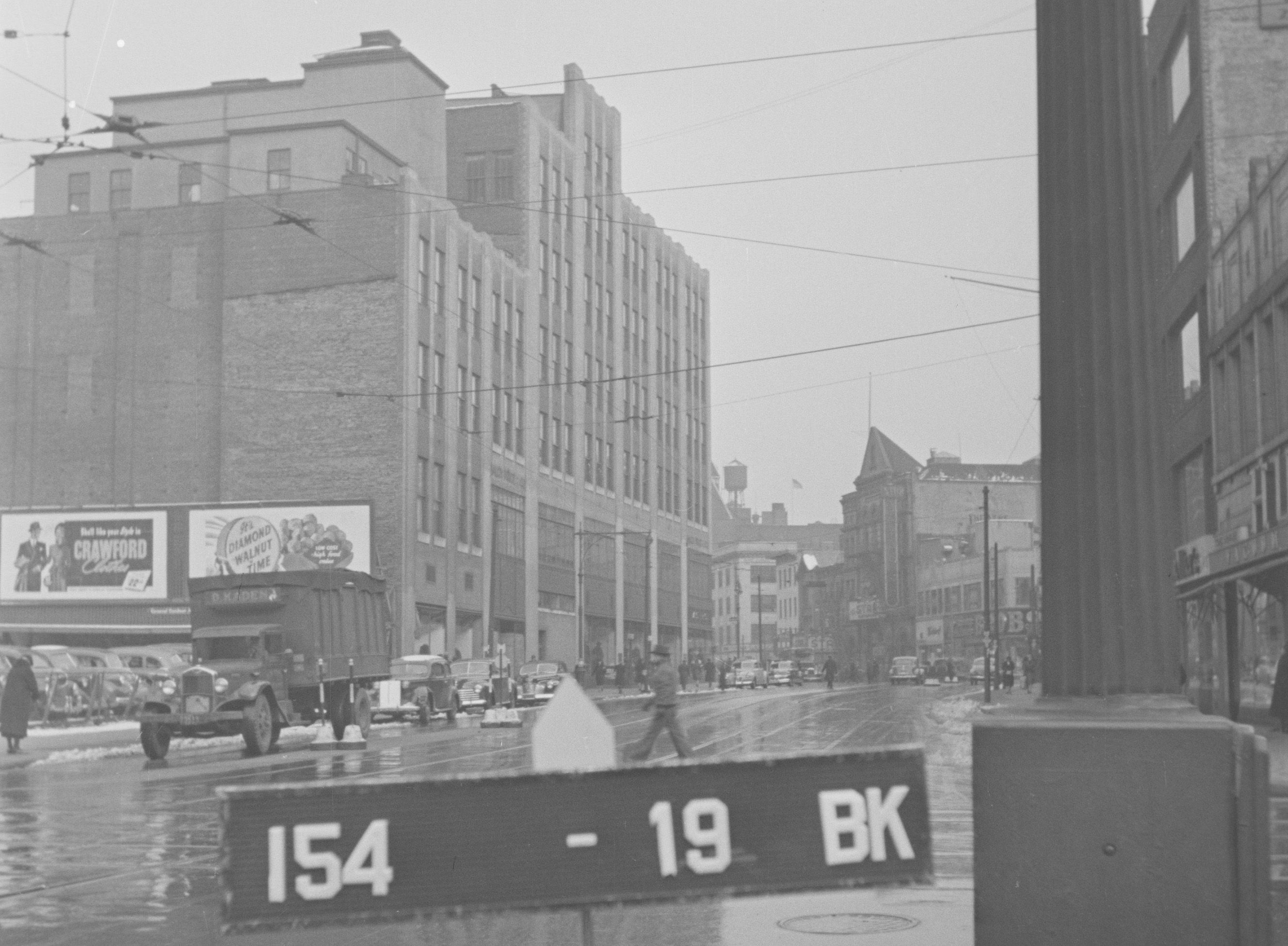 black and white photo of the building