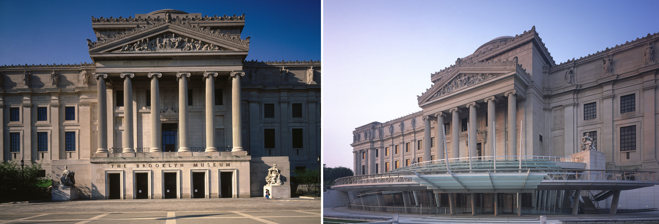 color photographs of the exterior before and after the pavilion addition