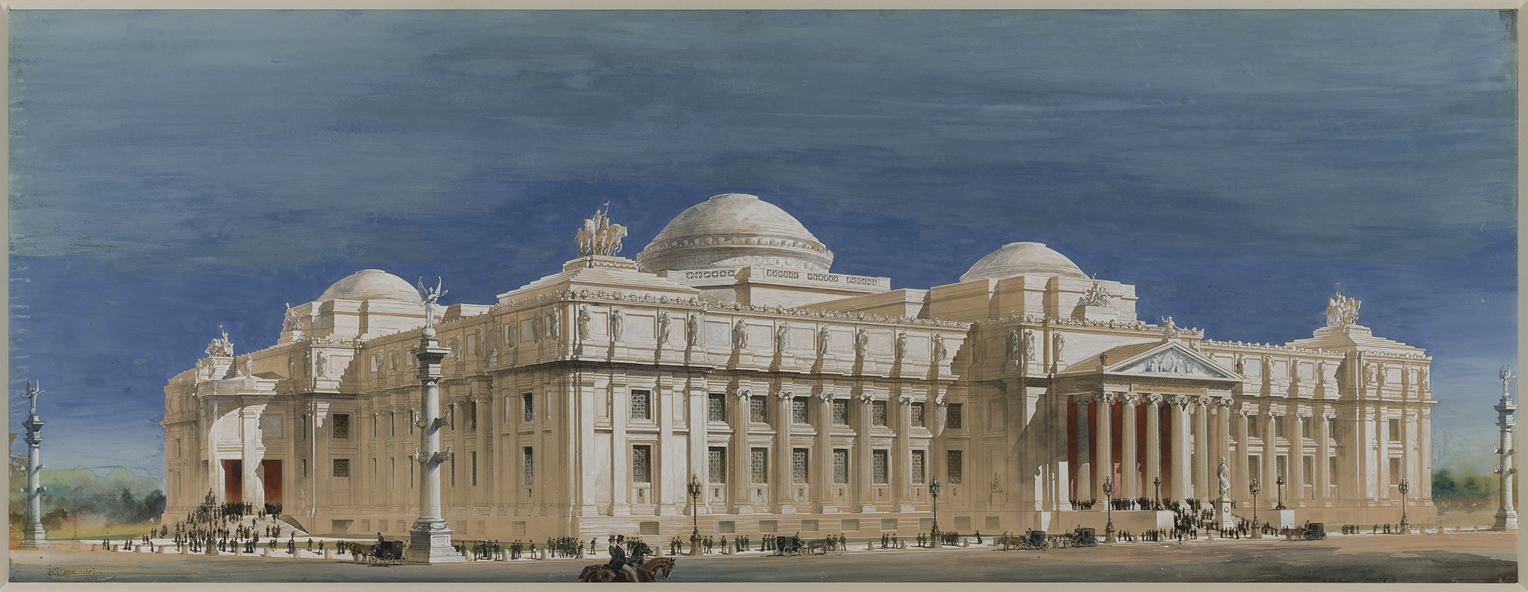 rendering showing a building with several domes, and a columned entrance