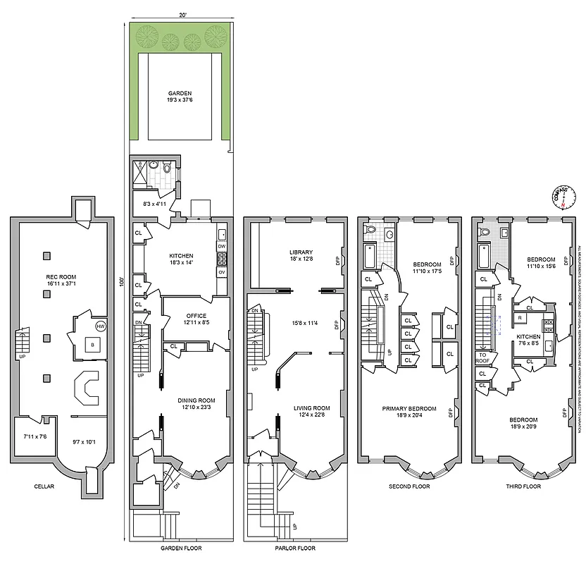 floor plans showing kitchen on garden level, tripple parlors above and two floors of bedroom space