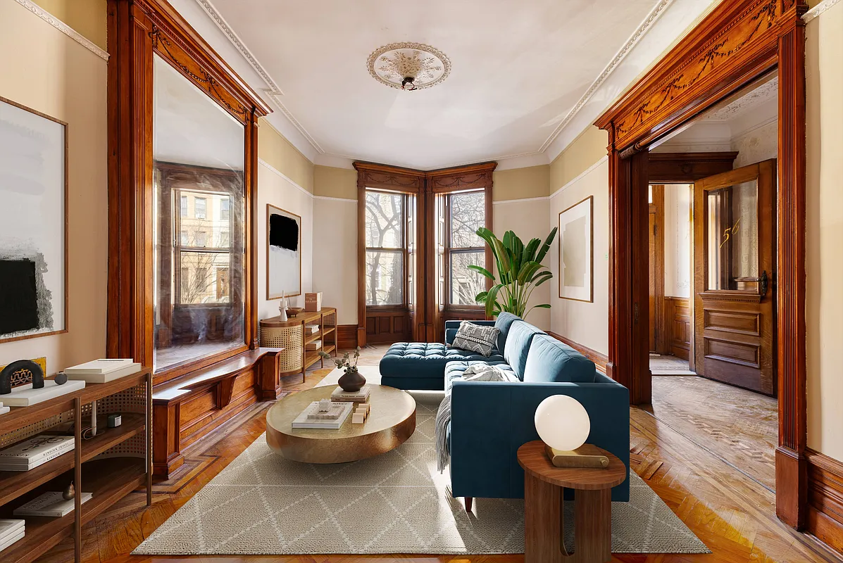 prospect lefferts gardens - parlor with pier mirror, wood work, ceiling medallion